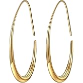 Lightweight Teardrop Hoop Earrings for Women - 14k Gold/White Gold Plated Large Oval Pull Through Hoop Earrings High Polished Statement Jewelry Gift for Women