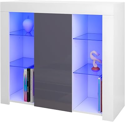 Panana Sideboard Cupboard Unit 4 Glass Shelves Cabinet RGB LED Lighted (Gray)