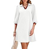 Wenrine Womens 3/4 Sleeve Mini Dress Casual V Neck Collared Textured Loose Fall A Line Argyle Dresses with Pockets
