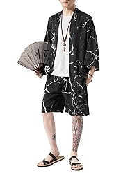Ambcol Men's Japanese Style Kimono Tops Shorts Sets