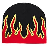 Fire Flame Beanie Baggy Slouchy Knit Rock Punk Ski Hat Skull Cap | Y2K Beanie ice skating snowboarding riding Unisex Skullies Acrylic Gothic for Christmas Halloween