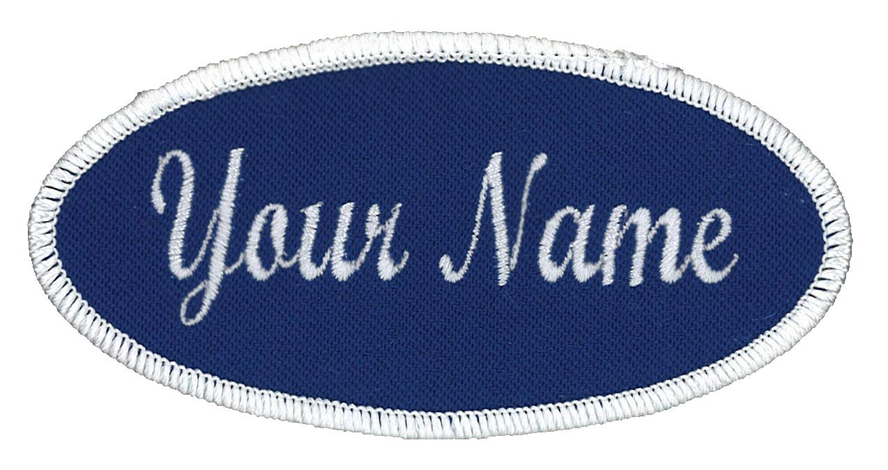 Oval Name Patch Uniform Work Shirt Custom Embroidery, Royal/White Border Script, Sew On Pricepulse