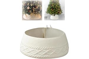 Knitted Christmas Tree Collar with Crossed Diamond Edge, Rustic Handmade Tree Stand Base Cover, Cream White Chunky Cable Knit