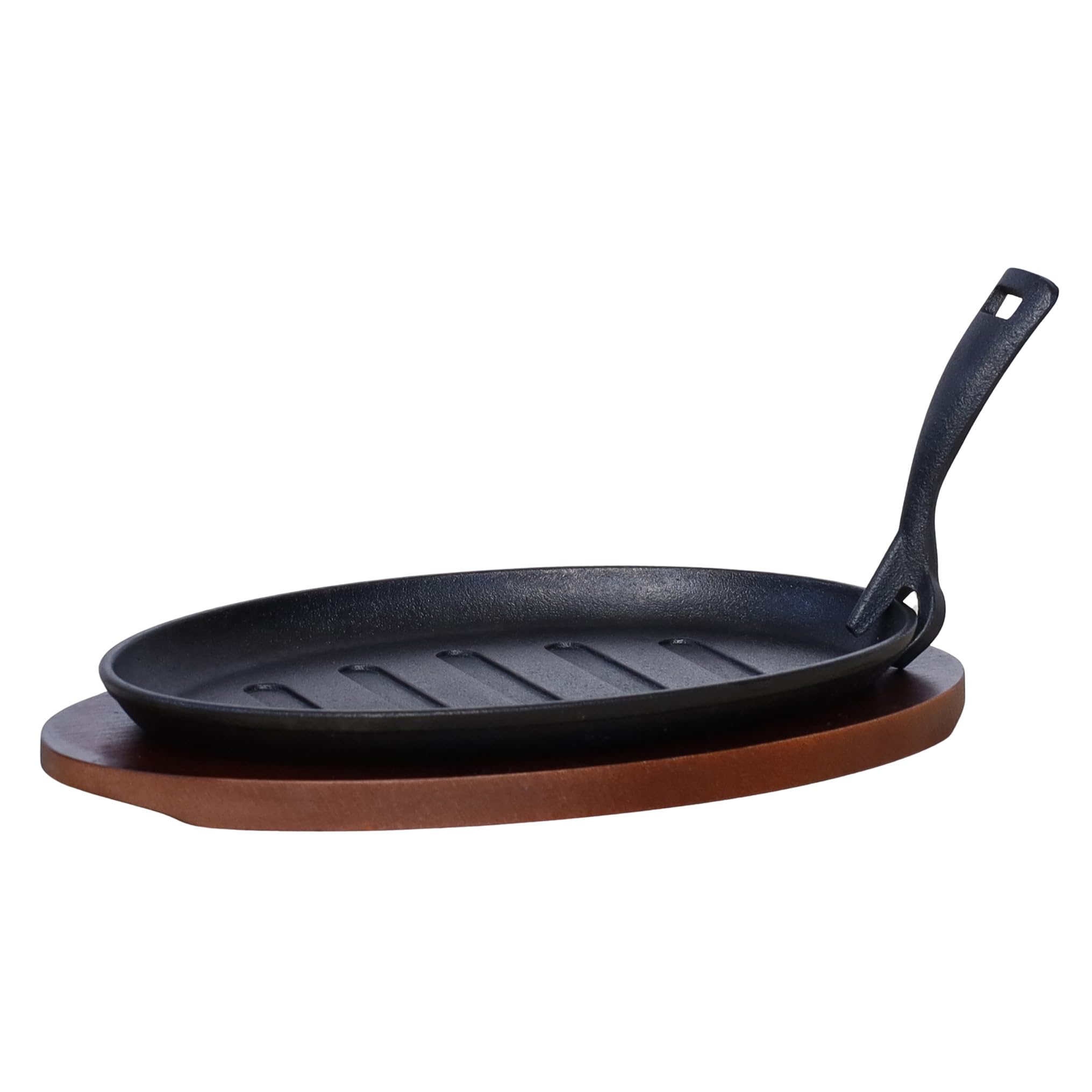 Buckingham Pre-Seasoned Cast Iron Serving Dish Steak Platter Fajita Sizzler with Wooden Stand 28 cm