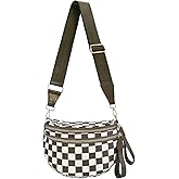 KAMEILONG Checkered Nylon Crossbody Bags for Women Plaid Crescent Waist Bag Crescent Fanny Pack Shoulder Bag Handbags (White-Coffee)