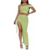 Sexy 2 Piece Maxi Skirt Sets for Women Off Shoulder Crop Top Bodycon High Slit Skirt Beach Dresses Summer Outfits