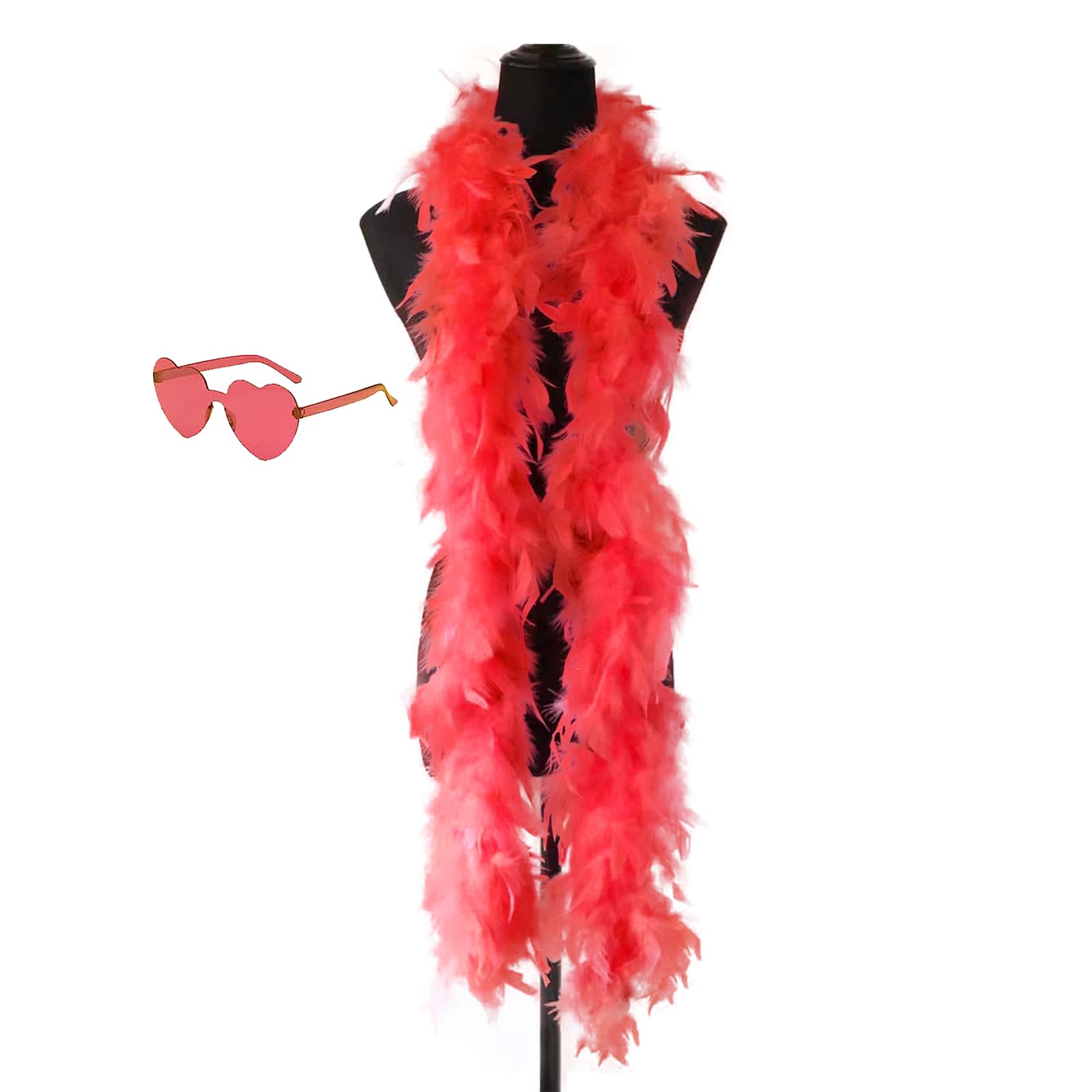 Colored Feathers Flapper Colorful Feather Boas for Party 1Pcs 2m, with Frameless Sunglasses Party Favor Party Dancing Dress Up Carnival Costume Ornament Red