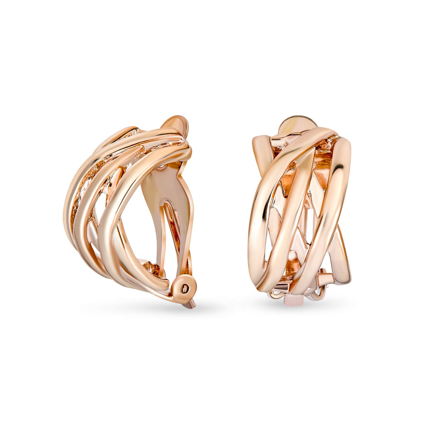 Classic Open Criss Cross Twist Wire Celtic Knot Weave Wide Half Hoop Clip On Earrings for Women Non Pierced Ears Rose Gold Plated Brass — image 1