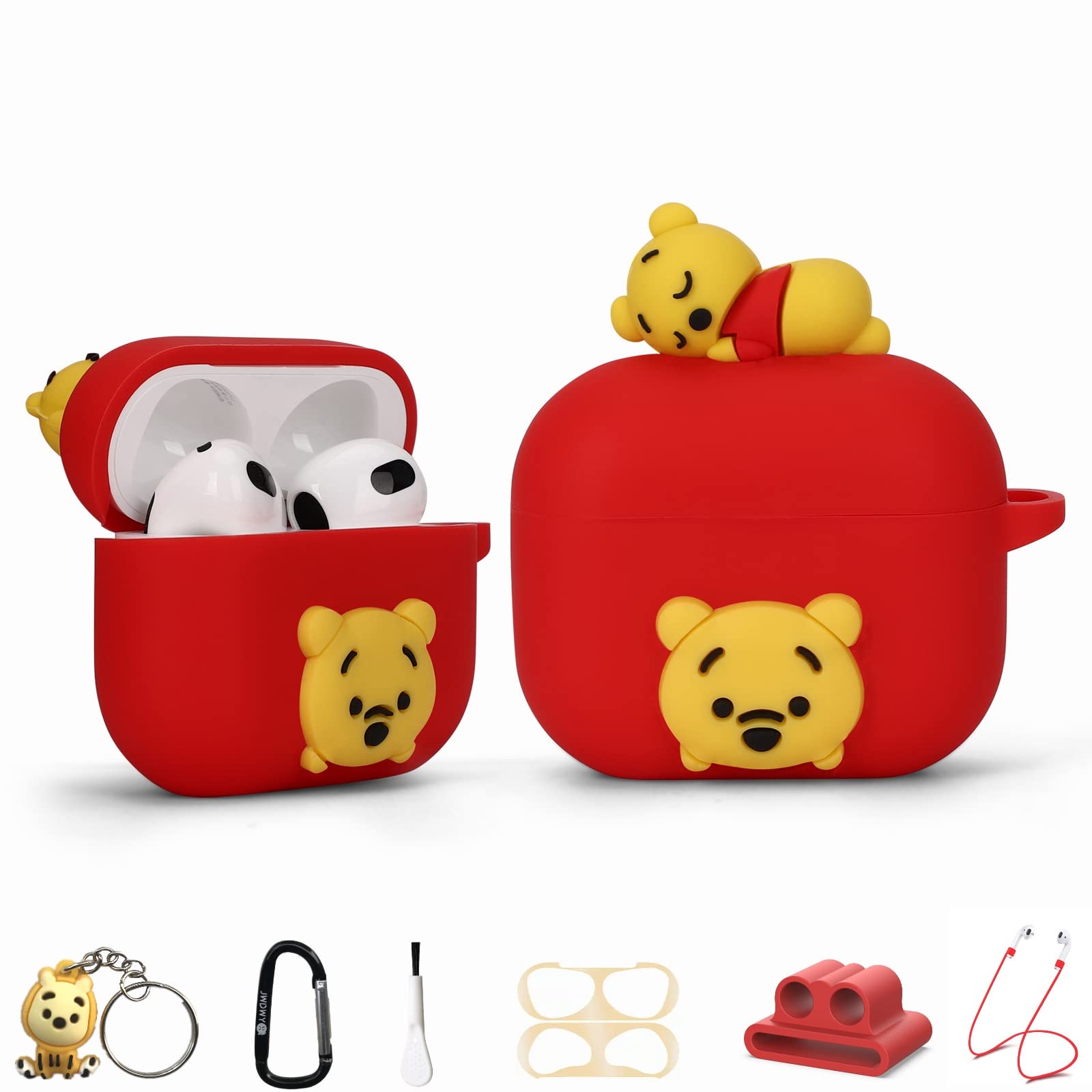 Photo 1 of Winnie Cartoon Case for Apple Airpods 3, 8 in 1 Accessories Set Protective Cover,3D Anime Designed Silicone Case/Stitch Keychain/Metal dust Sticker/Anti-Lost Rope.The Best Gift