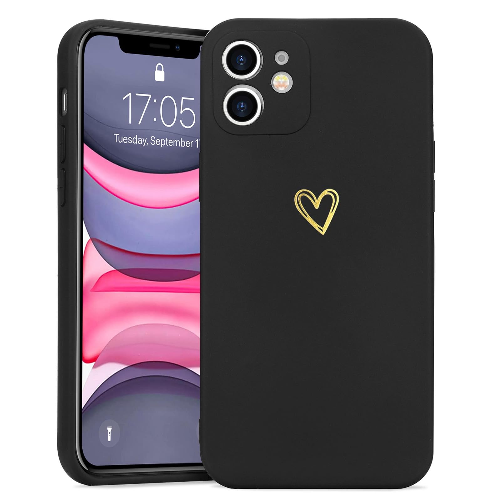 Wirvyuer for iPhone 11 Phone Case with Cute Heart Pattern Soft Shockproof Protective Silicone Case for Women Girls, Black — image 1