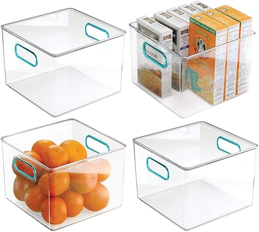 Amazon Com Mdesign Plastic Food Storage Container Bin With Handles For Kitchen Pantry Cabinet Fridge Freezer Cube Organizer For Snacks Produce Vegetables Pasta Bpa Free Food Safe 4 Pack Clear Blue Kitchen