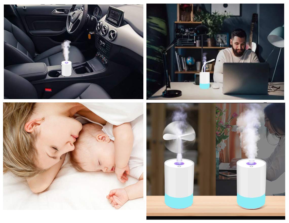 USB Mini Humidifier 350ml Small Car Diffuser for Office, Bedroom, Whole Room, Travel, Small Bedside Kids Baby Humidifiers for Nursery