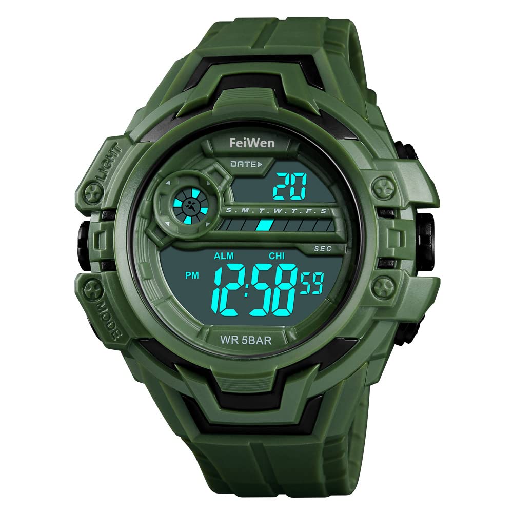 FeiWen Men's Waterproof Large Dial Plastic Watches with Rubber Strap LED Display Outdoor Multifunction Military Digital Sports Watch (Green)
