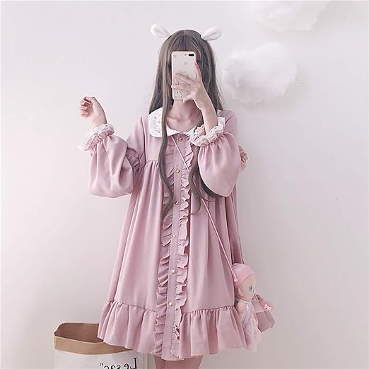 Amazon Co Jp Porin 量産型 服 ワンピース 長袖 ロリータ ファッション コスプレ 乙女 系 夢展望 アンクルージュ メンヘラ 服 ロリィタ 丸襟 可愛い ピンク フリル レース 中学生 高校生 クリスマス ハロウィン 服 ファッション小物