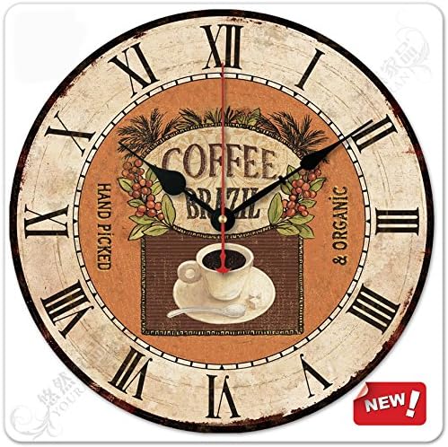 12" Retro Vintage Coffee Cup Country Tuscan Style Non-Ticking Silent Wooden Wall Clock Art Decoration