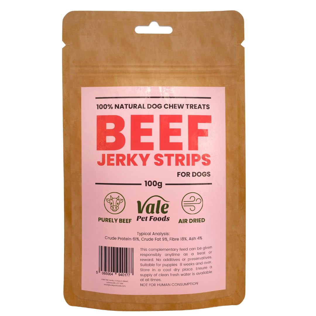 Vale Pet Foods Dog Treat Beef Strips - 100% Healthy Jerky for Dogs, Puppy & Senior - Hypoallergenic, Raw, Gluten & Grain Free Air Dried Natural Dog Chews