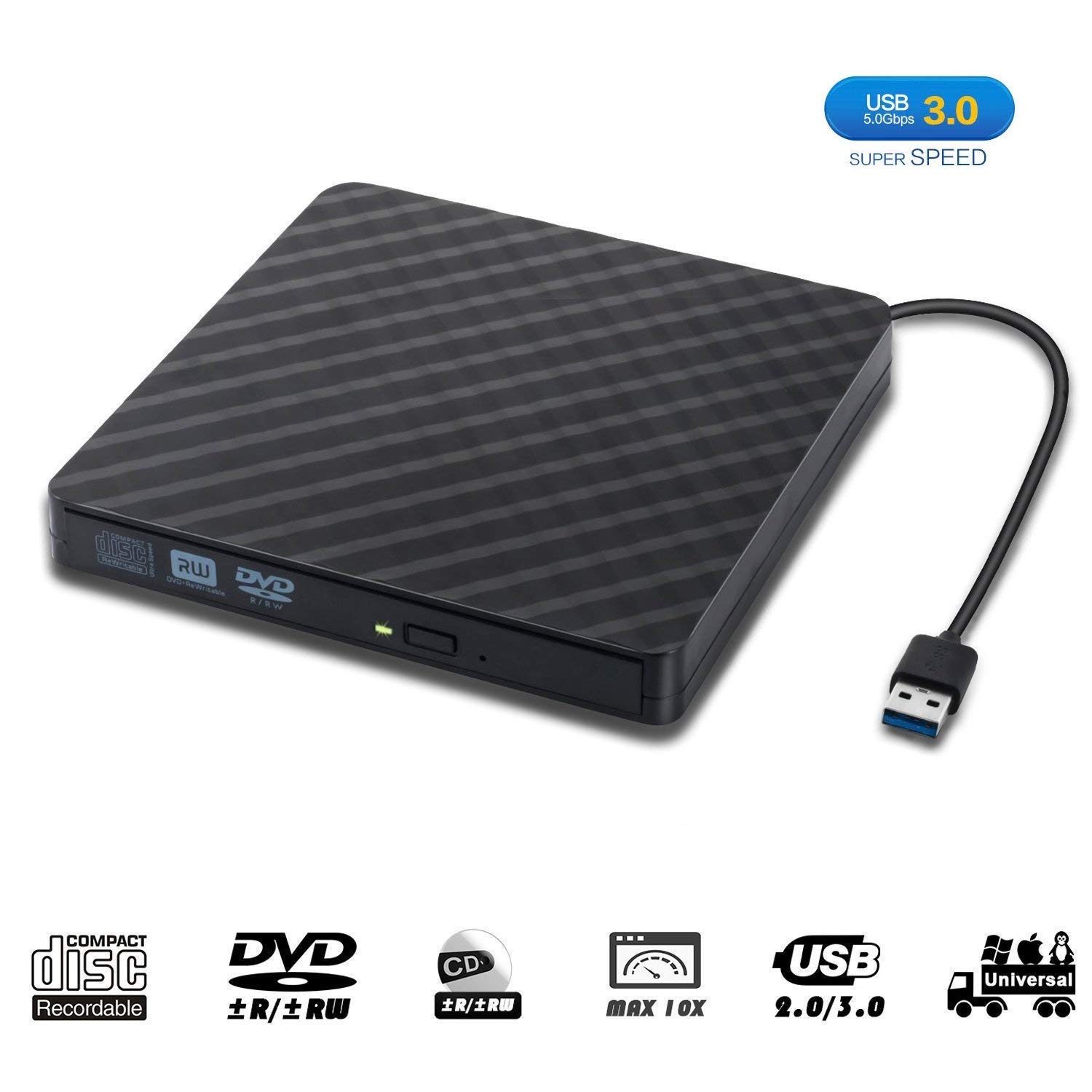 Masterizzatore Ultra DVD USB 3.0, Amotus DVD-RW DVD / CD portatile esterno Slim, 9,5 millimetri, SuperDrive per tutti i PC laptop / desktop di Windows e Mac OS per MacBook, MacBook Air, iMac - Nero