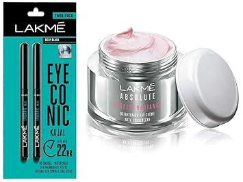 Lakme Eyeconic Kajal Twin Pack, Black, 0.35g with 0.35g & Lakme Perfect Radiance Fairness Day Creme 50 g