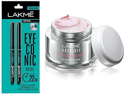 Lakme Eyeconic Kajal Twin Pack, Black, 0.35g with 0.35g & Lakme Perfect Radiance Fairness Day Creme 50 g