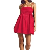 MASKAZU Women's Cute Straps Ruched Mini Back Bow Babydoll Dress with Pocket
