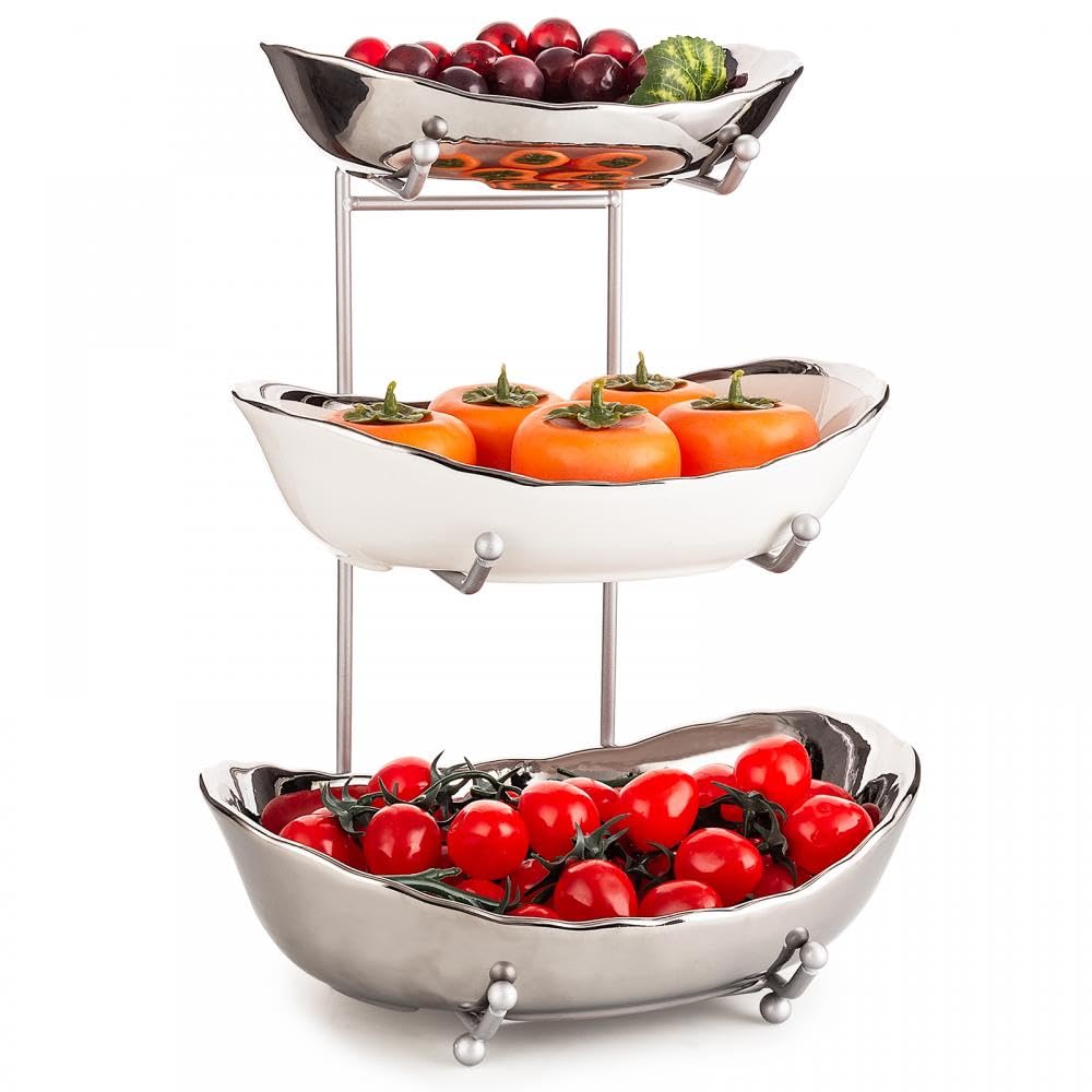 Gelory 3 Tier Fruit Bowls for Kitchen Counter Ceramic Fruit Basket with Metal Rack, Porcelain Kitchen Bowls Veggies Snack Nuts Bread Candy Dessert Cake Tray(Silver and White)