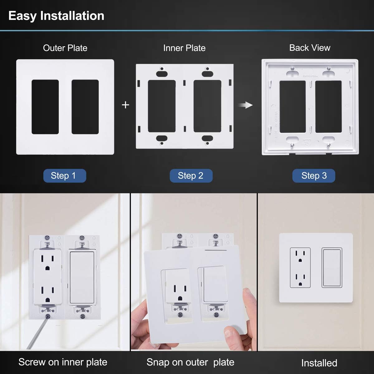 [5 Pack] BESTTEN 2-Gang Screwless Wall Plate, USWP6 Snow White Series, Decorator Outlet Cover, 4.69” x 4.73”, for Light Switch, Dimmer, GFCI, USB Receptacle, UL Listed - - 
