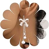 Andelaisi Boho Bow Pearl Dangle Earrings Vintage Gold Crystal Bow Drop Earrings Long Pearl Tassel Earrings Baroque Pearl Bow Chain Earrings Jewelry for Women