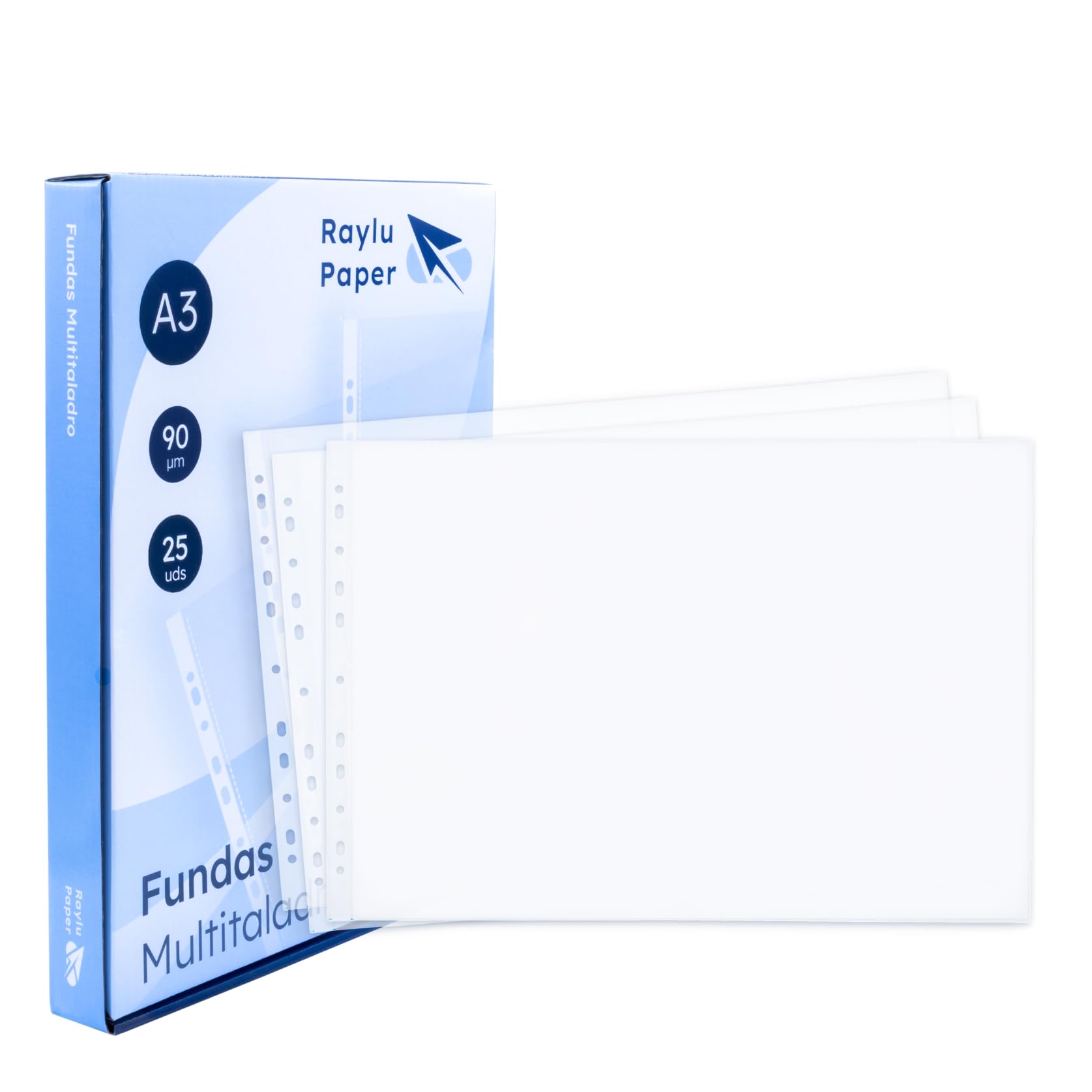 Raylu Paper® - 100% Recyclable Polypropylene Multi Drill Sleeves, Large Opening Document Sleeves, Reinforced Spine 25 Pieces (Clear - Glass, A3-90 Micron)
