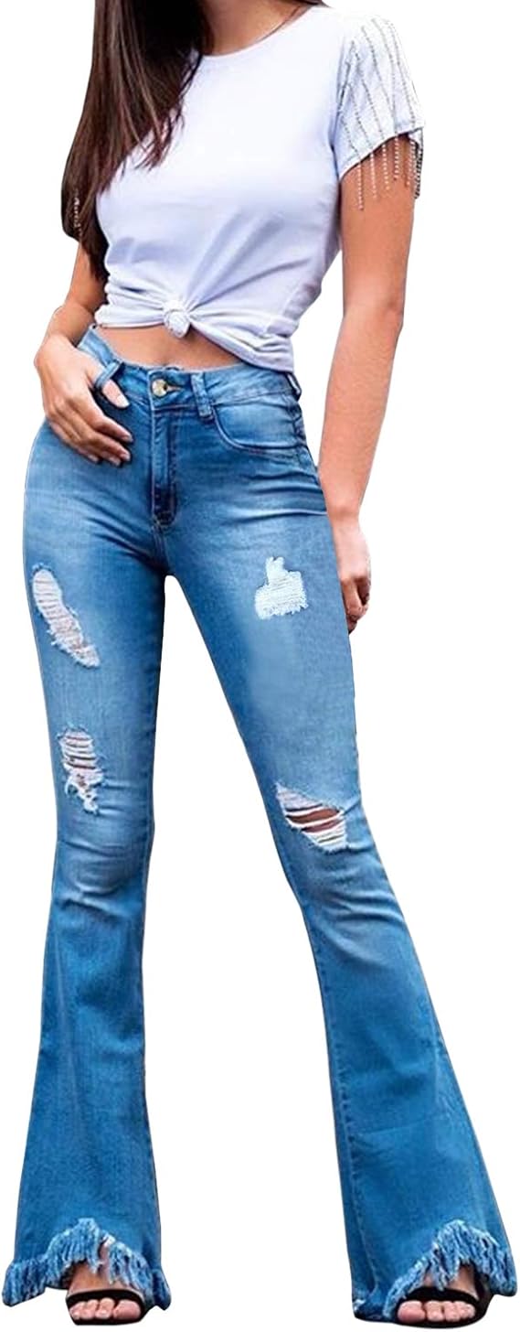 Olinase Oversized Ripped Jeans for Women High Waist Distressed Bootcut Denim Pants with Tassels 