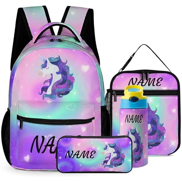 THCNKUI Custom Name Backpack Set For Kids – 3-Piece Purple Unicorn Rainbow Backpack With Lunch Bag & Pencil Case - View #7