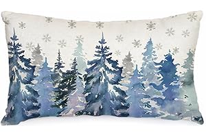AACORS Winter Pillow Cover 12x20 Inch Watercolor Teal Tree Snowflake Decoration Holiday Farmhouse Pillow Case Nature Forest Decor for Home Sofa Couch (Navy Blue)