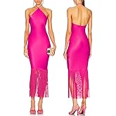 JLCNCUE Women Halter Neck Bodycon Midi Dress Fringe Hem Party Dress Sleeveless Open Back Tassels Evening Gown 262