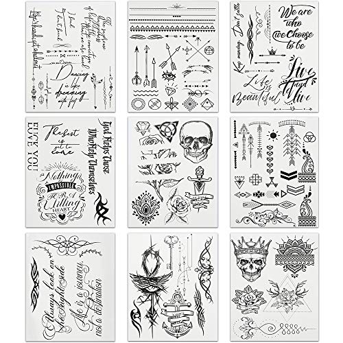 Temporary Tattoos Body Art Stickers - 100 Unique Black Fashion Various Designs Words Qoutes Marks Temp Tats Fake Waterproof Removable Stickers Party Vacation Tatts Flowers Skull Symbol 9 Sheets