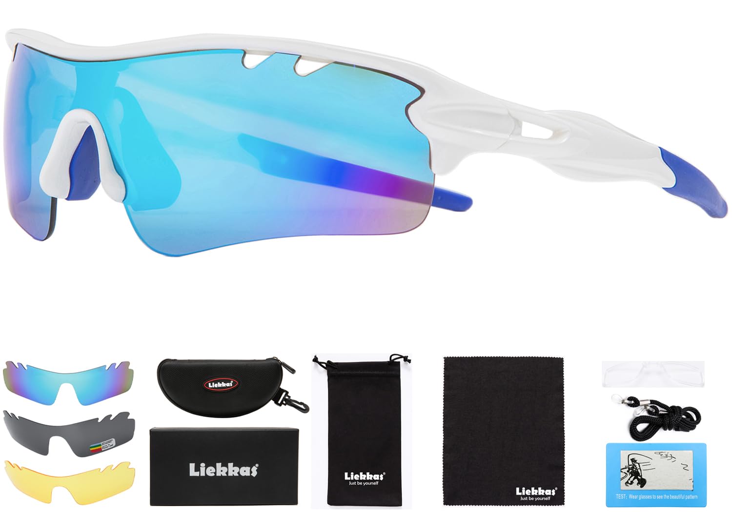 Liekkas Polarised Sports Sunglasses For Men Women with 3 Interchangeable Lenses for Running Cricket Mountain Bike Cycling Glasses White Blue