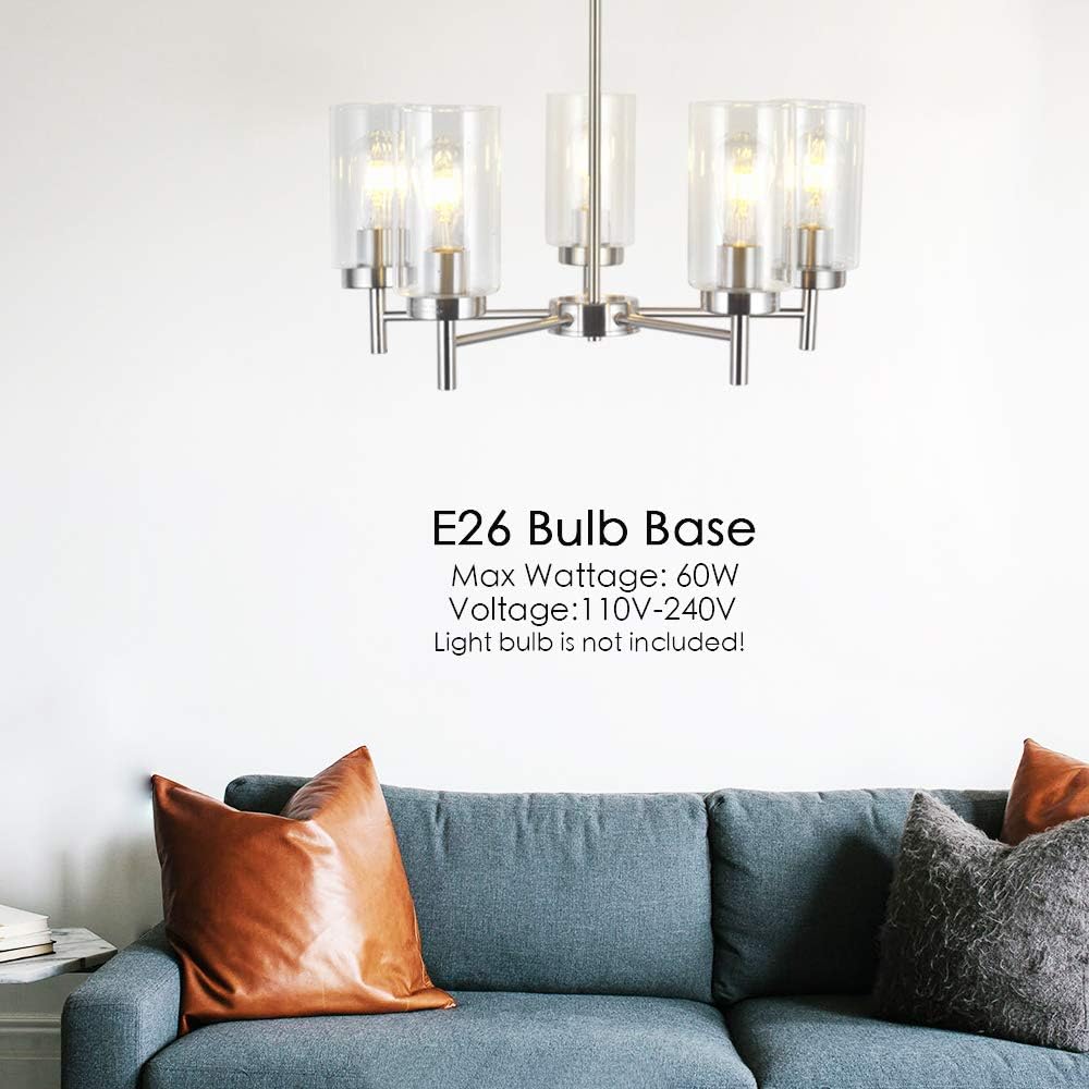 VINLUZ Contemporary 5 Light Large Chandeliers Modern Clear Glass Shades Pendant Lighting Brushed Polished Nickel Dining Room Lighting Fixtures Hanging Adjustable Wire Semi Flush Ceiling Lights - - 
