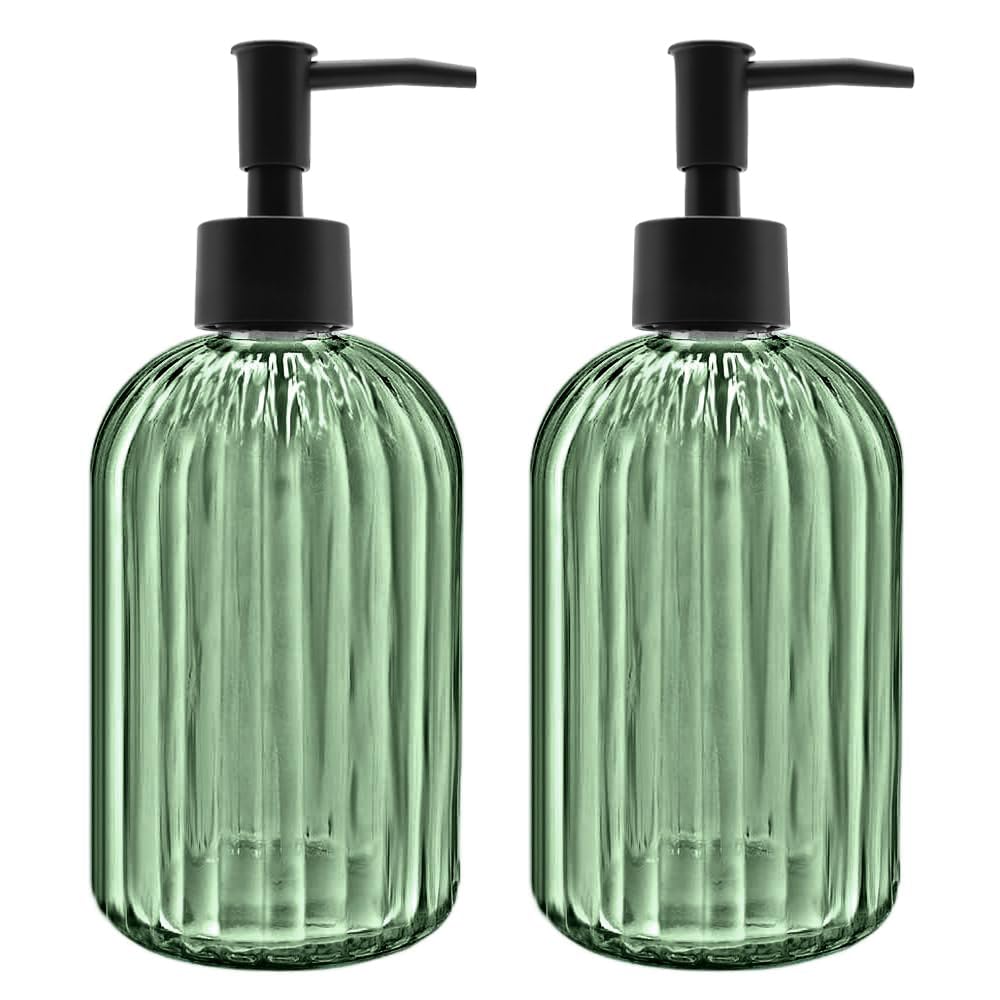 Photo 1 of 2 Pack 14oz Glass Soap Dispenser with Black Pump – Refillable for Hand Soap, Dish Soap, Lotion, Suited for Kitchen, Bathroom & Laundry Room(Olive Green)