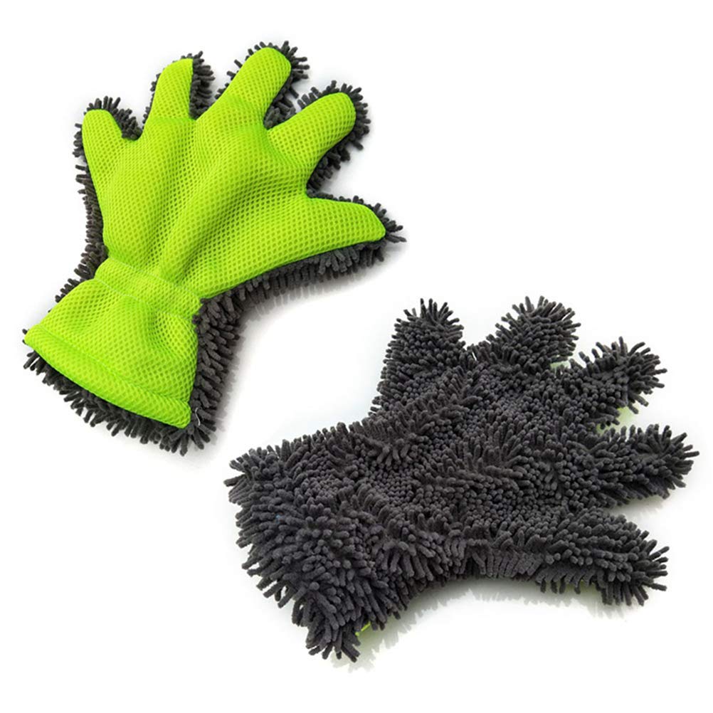 Cavestoff Car Wash Mitt, 5 Finger Washing Drying Towels Microfiber Cleaning Glove Interior Exterior Cleaning Glove for Car Motorbike Kitchen Window Cleaning Green