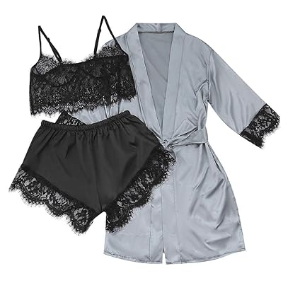 Women's Dark Gray Satin Pajama Set with Lace Trim Bahrain Ubuy