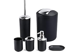 Papillon 6-Piece Bathroom Accessories Set, Toothbrush Holder with Cup, Soap Dispenser & Dish, Toilet Brush, Trash Can, Tumbler Set (Black)