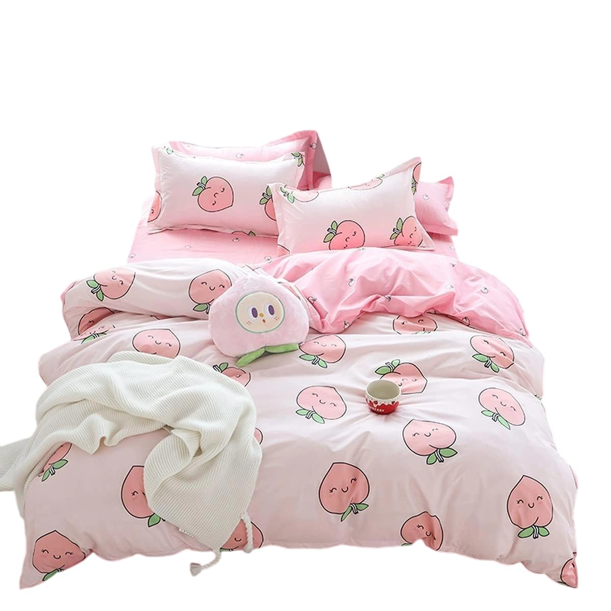 Homewish Cartoon Duvet Cover Set Single Pink Peach Bedding Set Kid Kawaii Bedding Set Girl Lovely Peach Comforter Cover Cute Fruits Quilt Cover Tropical Plant Bedding Soft Bedspread Cover Room Decor