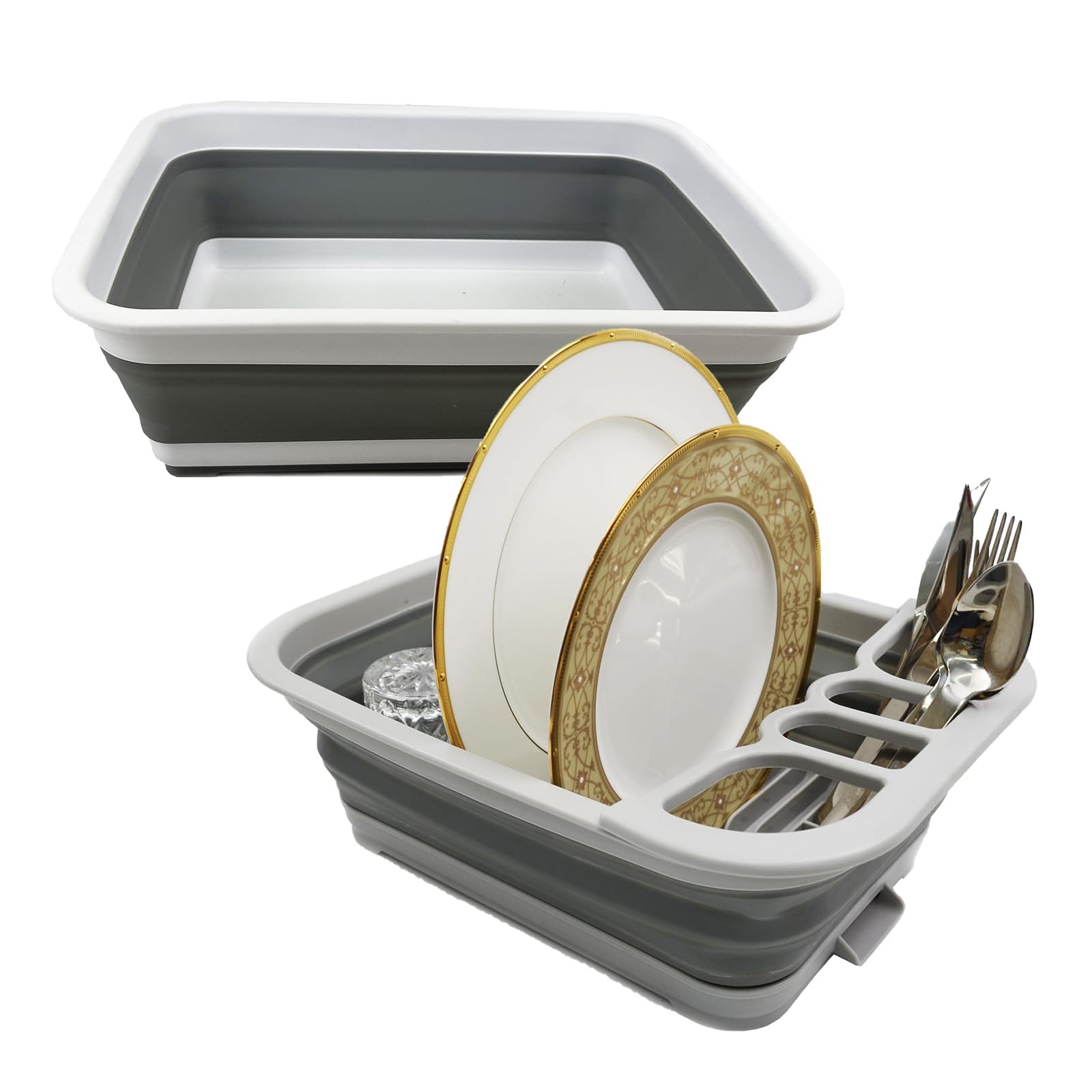 SAMMART 2pcs Kitchen & Outdoor Set : Collapsible Dish Drainer with Drainer Board & Collapsible Plastic Bucket (Gray, 2)