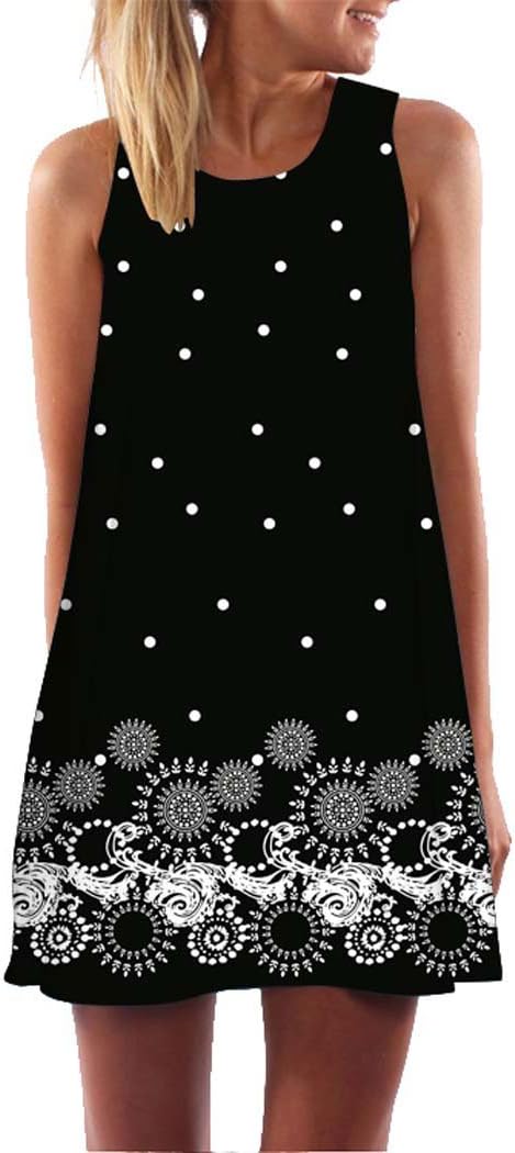 Queen Area Womens O-Neck Sleeveless Summer Sundress Floral Printed Mini Dress Casual T Shirt Dress