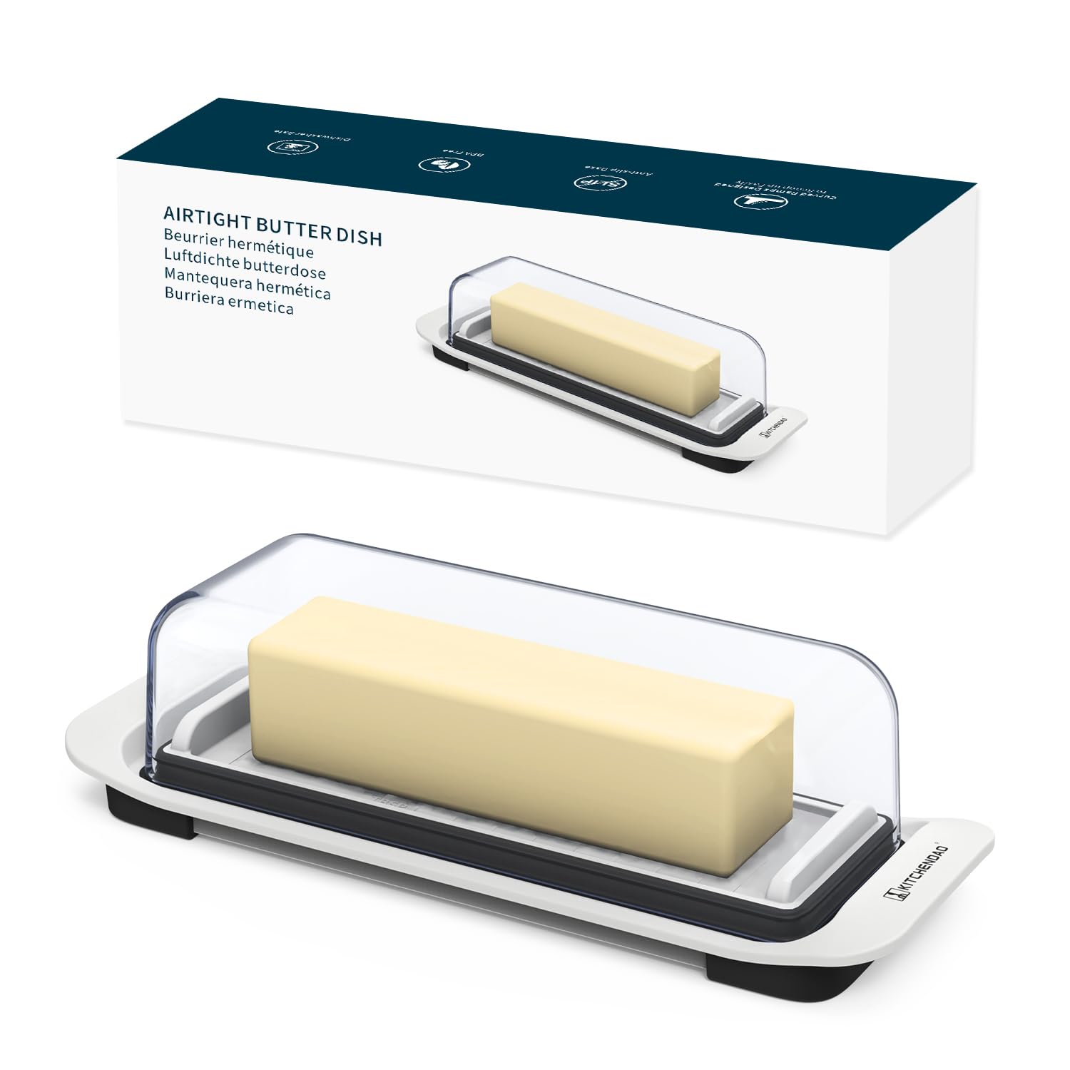 Photo 1 of KITCHENDAO Airtight Butter Dish with Lid for Countertop and Refrigerator Door Shelf, Butter Keeper, Plastic Butter Holder Tray Container for West/East Coast Butter, White