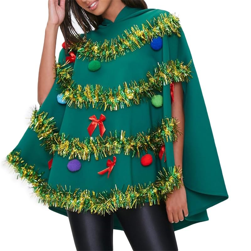 SYHVGI Women Christmas Tree Poncho Costume Bow Ball Decor Hooded Cloak Cape Party Prop Costume Cosplay (Green, S)