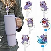 6PCS Cute Hippo Silicone Straw Toppers, 10mm diameter Straw Tip Straw Topper, Designed to Fit Stanley 30 & 40 Oz Tumblers, Covers Are Perfect for Your Stanley Cup Collection