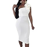Mokoru Women's Sexy Ruffle One Shoulder Bodycon Elegant Cocktail Party Midi Dresses