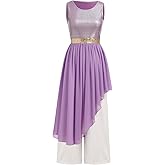 AFAVOM Praise Dance Dresses for Women Metallic Asymmetric Overlay Dress + Pants Worship Liturgical Dancewear Lyrical Costume