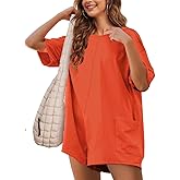 NILOINE Rompers for Women Summer Oversized Shirt Short Sleeve Jumpsuit Athletic Workout Reversible Hot Shot Tee Pockets