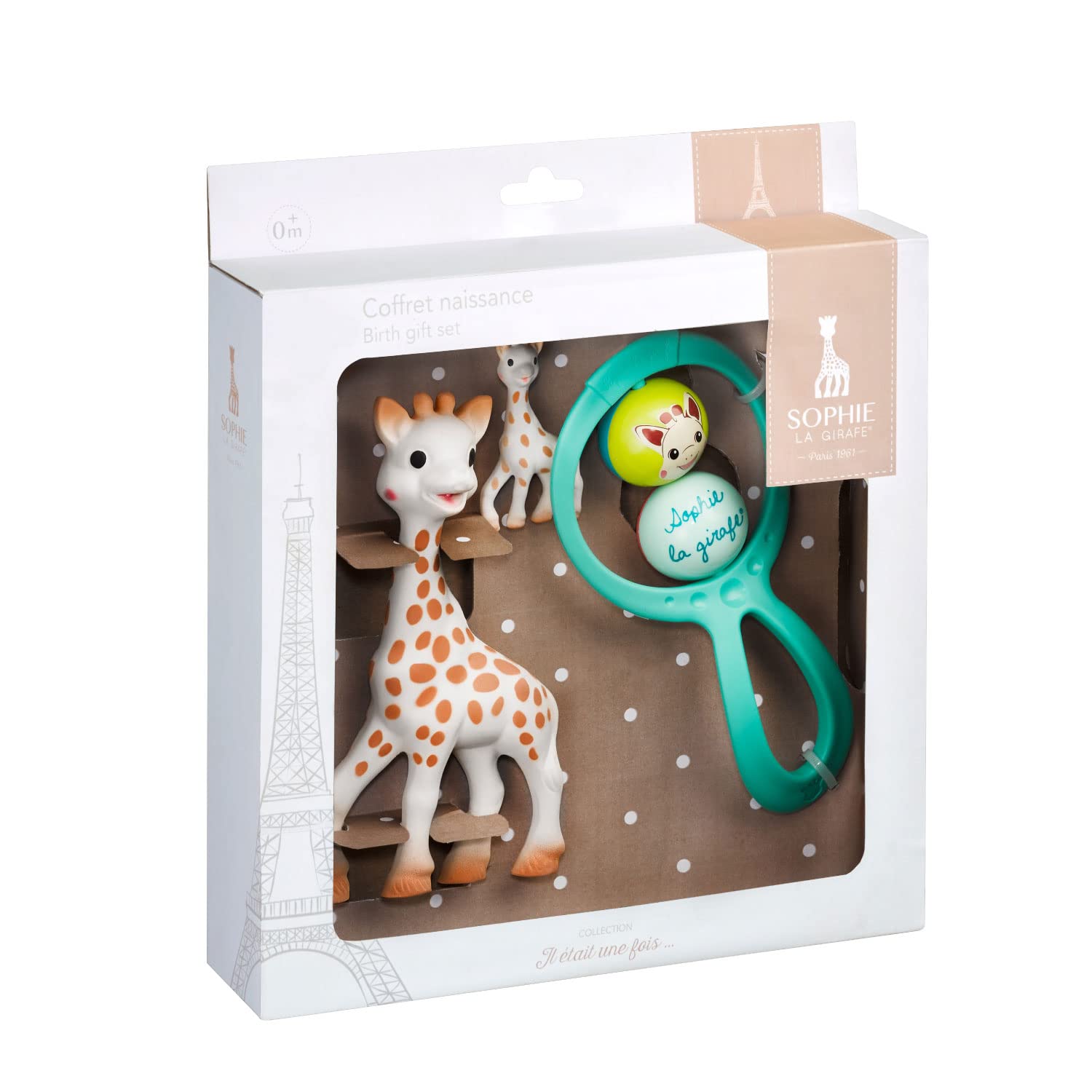 Sophie la Girafe Baby Essentials Gift Set, Original Giraffe Teething Toy, Rattle and Giraffe Keyring, Newborn 0m+