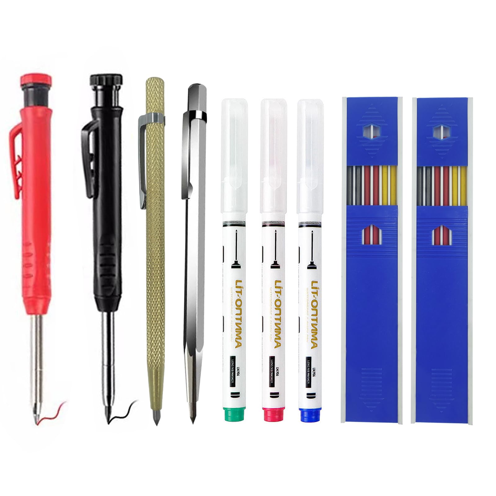 Photo 1 of WSZBDY Mechanical Carpenter Pencil Set, 2 Pcs Woodworking Pencil with Built in Sharpener and 12 Pcs Refills, 3 Pcs Long Nose Deep Hole Marker Pen and 2 Pack Tungsten Carbide Scriber